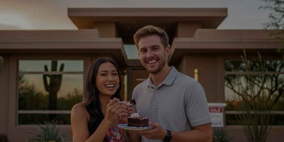 A young couple sharing a piece of chocolate cake in front of their new home in Scottsdale Arizona.